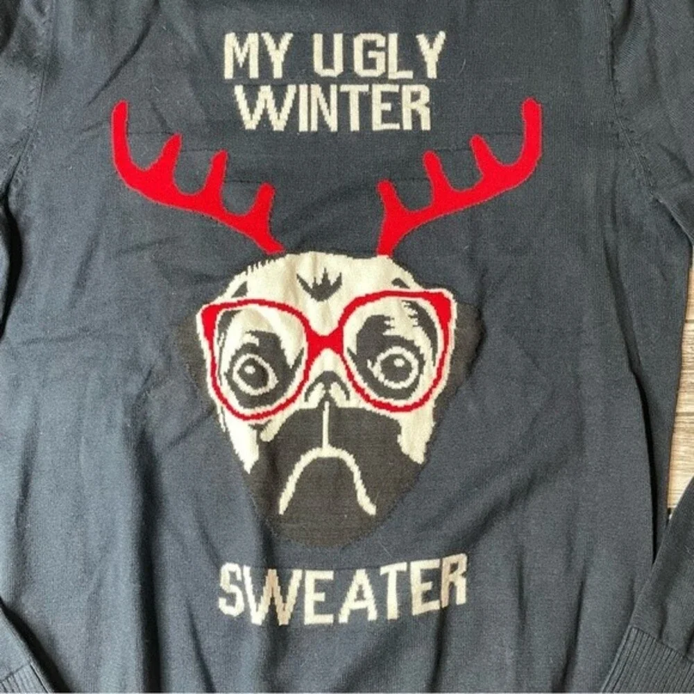 Men's Ugly Christmas Sweater Pug Antlers XL Navy Funny Holiday Pullover